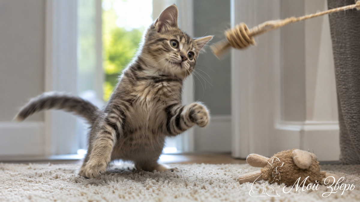 котёнок переключается с рук на игрушку во время игры