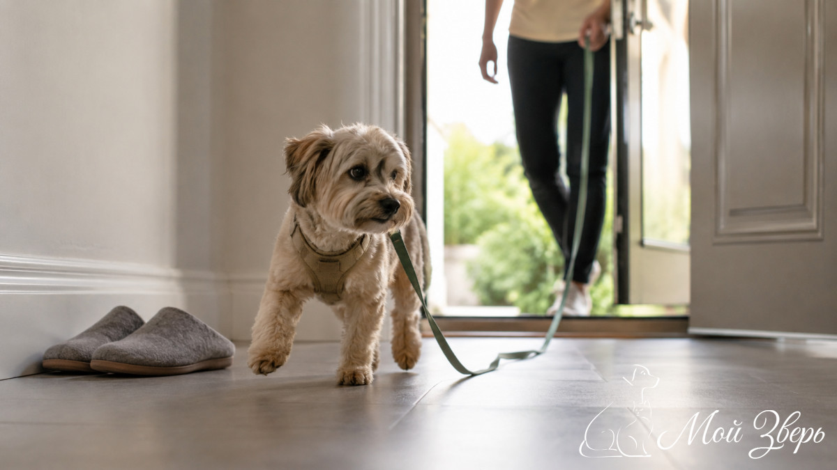 Маленькая собака в шлейке