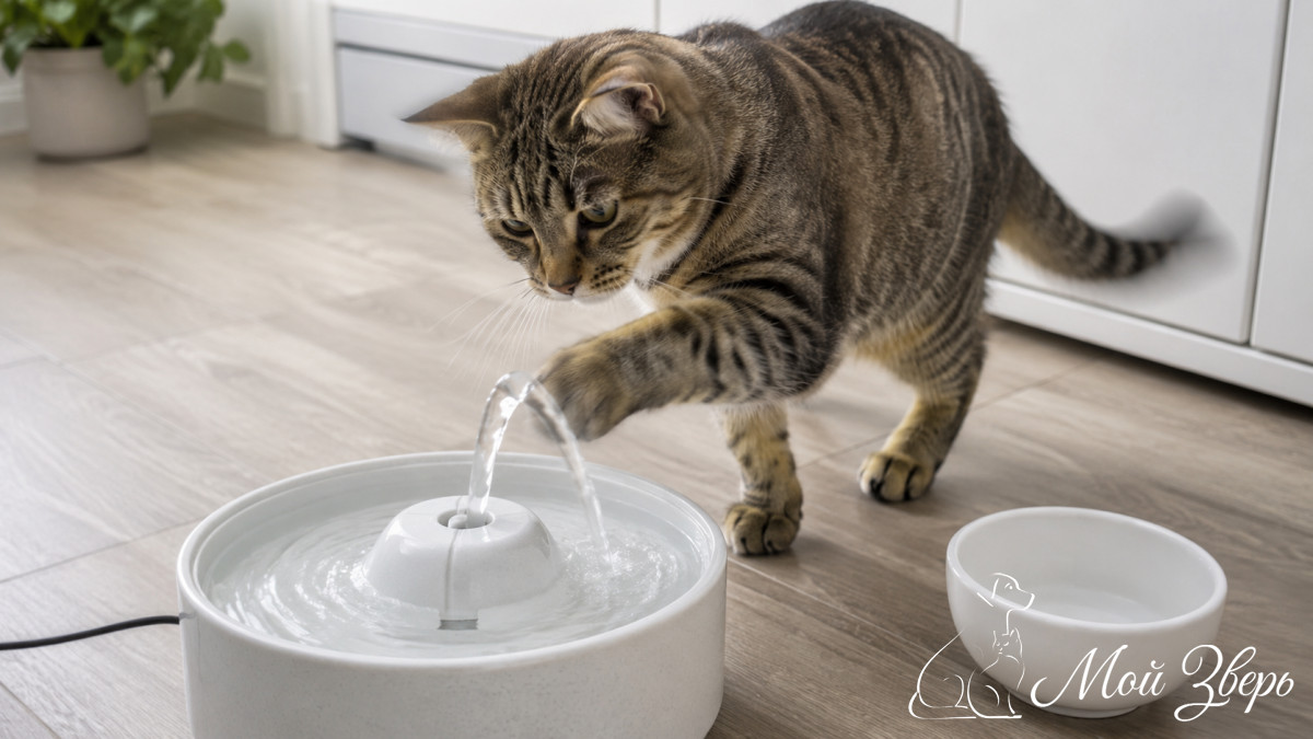 Кошка трогает лапой струйку воды